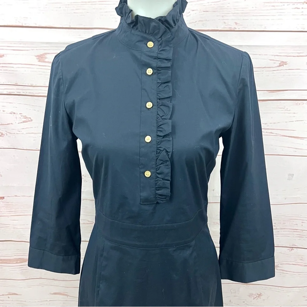 NWOT Tory Burch Navy Cotton Ruffle Mandarin Collar Button Front Shirt Dress